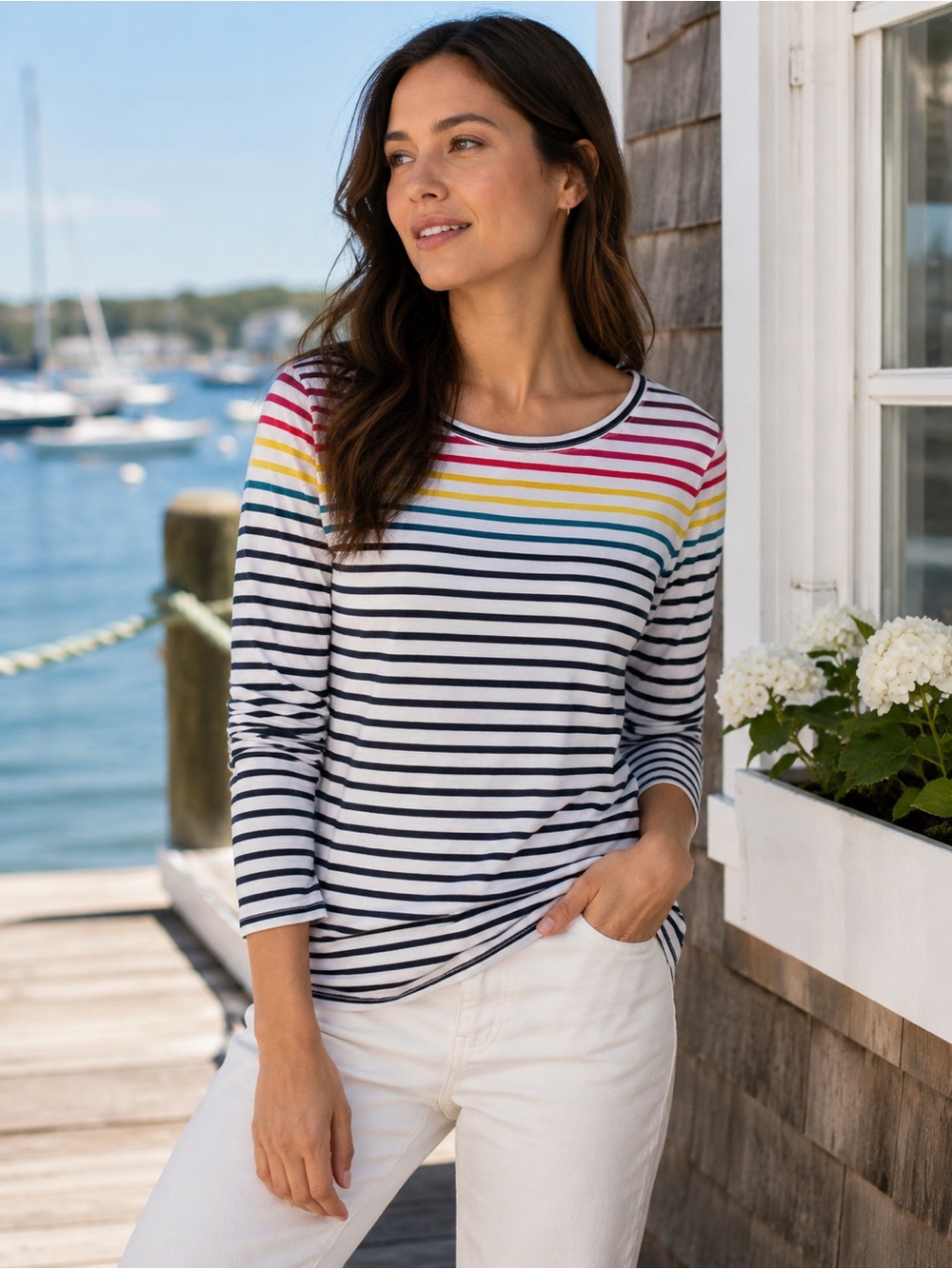 NWOT LOFT Outlet Rainbow Stripe Long Sleeve Tee XS Boat Neck Cotton Top